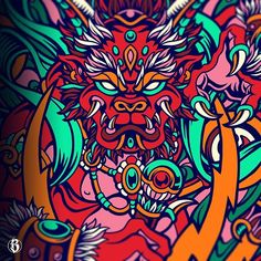 an artistic image of a dragon with many colors and patterns on it's face