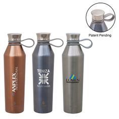 three different types of water bottles are shown with the same color and size as they appear in this image