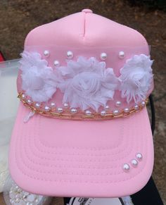 Hats are adjustable in the back and adult size. Otto hat brand. The hat chains are removable.  Product will be ready to ship out within a week of ordering. Truckers Hats, Bling Hat, Diy Mickey Ears, Denim And Diamonds, Flower Hat, Pearl Rose, Hat Ideas, Flower Hats, Handmade Hat