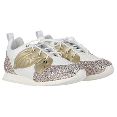 White sneakers with glittery pink accents on the toe and heel, gold metallic wing details, and white laces. Designer Kids, Girls Shoes Kids, Designer Kids Clothes, Sophia Webster, Gold Butterfly, White Trainers, Kids Branding, Luxury Designer, Girls Shoes