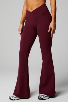 PureLuxe High-Waisted Crossover Flare Fabletics Merlot female Activewear >> Womens >> Bottoms >> Pants & Joggers >> Joggers PureLuxe regular Yoga and Studio 4-Way Stretch/External Pocket/Moisture-Wicking/UPF Protection Red Yoga Pants, Female Activewear, Burgundy Pants, Red Flare, Lulu Leggings, Flare Legging, Pilates Barre, Comfy Leggings, Flared Leggings