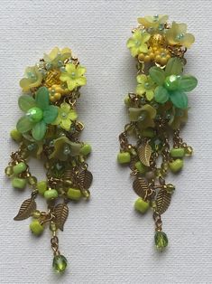 Vintage COLLEEN TOLAND Chartreuse Chandelier Clip-on Earrings - Etsy Handmade Green Chandelier Earrings For Party, Bohemian Green Chandelier Earrings For Party, Bohemian Green Flower Earrings For Party, Green Flower Decoration Jewelry For Party, Spring Green Dangle Earrings, Green Flower Earrings For Party, Green Dangle Earrings For Spring, Green Dangle Flower Earrings For Party, Green Beaded Chandelier Earrings For Wedding