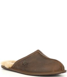 From UGG®&#x2C; the Men's Scuff Leather Slipper features:Full-grain leather upperVamp lined with 17mm UGGpure™ wool17 mm sheepskin insoleSuede outsole with embossed UGG ® treadHeat embossed UGG ® logoImported. Mens Ugg Slippers, Ugg Slippers, Mens Uggs, Leather Slippers, Dillard's, Slide Slipper, Chukka Boots, Full Grain Leather, Shoes Mens