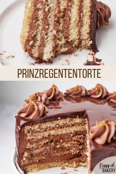 two pictures side by side of a cake with chocolate frosting and the same slice missing