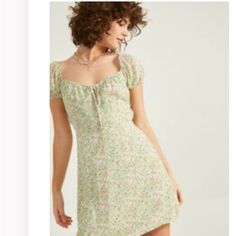 Only Tried On! Very Pretty Just Doesn’t Fit Me :) Green Feminine Mini Dress With Square Neck, Feminine Green Mini Dress With Square Neck, Feminine Green Square Neck Mini Dress, Fitted Green Mini Dress With Ditsy Floral Print, Fitted Feminine Green Mini Dress, Casual Green Mini Dress With Ditsy Floral Print, Gold Wedding Guest Dresses, Skater Girl Dress, White Lace Mini Dress