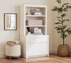 a living room with a white bookcase next to a potted plant