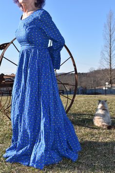 beautiful handmade dress Blue Long Sleeve Peasant Dress, Blue Fitted Dress With Bell Sleeves, Fitted Blue Dress With Bell Sleeves, Spring Cottagecore Fitted Peasant Dress, Fitted Cottagecore Peasant Dress For Spring, Spring Cottagecore Peasant Dress, Blue Peasant Dress With Ruffles, Blue Peasant Maxi Dress, Blue Fitted Bohemian Vintage Dress