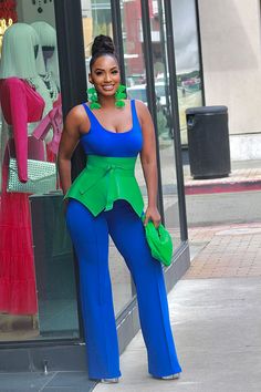 Blue Pants Pink Shirt Outfit, Weekend Outfit Ideas, Bold High-waisted Pants, Chic Multicolor High-waist Wide Leg Pants, Monochromatic Outfit Casual, Elegant Office Sets With High-waisted Pants, Luxury Multicolor High-waisted Pants, Corporate Baddie Colorful, Blue Mini Skirt