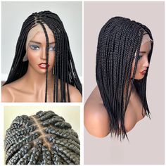 ❓Looking for a realistic Box Braids Wig that looks like scalp? Our braided wigs are quick-to-style, stylish, and long-lasting while keeping you stress-free.  One of many reasons our customers love us is that we use a 100% human hair lace base for a realistic scalp-like look.  SPECIFICATIONS: ⭐ Wig Style: Box Braids Wig for a classic look. ⭐ Length: 16 - 18 inches in middle of the wig (shoulder length) ⭐ Lace: 100% Human hair 4x4 closure or 13x4 frontal lace. Closure lace allows for center or side part, and all back styling. Frontal lace allows for all styling offered by the closure, as well as a frontal bun. Full lace can be styled in all styles including updos. ⭐ Cap size: Fits S/M/L head sizes. Inner adjustable band molds to the head & ensures a snug fit. ⭐ Styling: Glueless wig for a qu Short Box Braid, Style Box Braids, African American Hair, Wig Bob, Short Box Braids, Braid Wig, Box Braid Wig, Braided Wigs, Glueless Wig