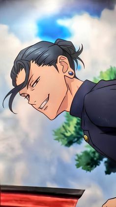 a man with black hair and blue eyes looking down at something in the sky behind him