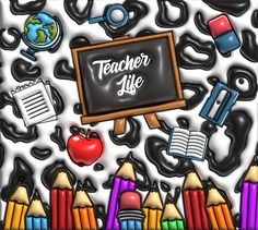 a blackboard surrounded by pencils, books, and other school related items on a white background