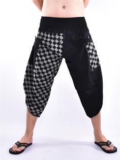 "Harem pants, Yoga pants, Wide leg pants, Trousers, Samurai pants Printed with Checkered pattern Printed Cotton Samurai pants with Side buttons is inspired Samurai and Ninja pants from Japan. Created and Designed for Everyone, Wide Leg Designed Easy to Movement, Easy to Wear and Comfy. The Pants is made of 100% Cotton and Printed with beautiful pattern design. The Pants made by Thai Craftsmanship, Attention and Neatness in sewing an item. Cotton Samurai pants has one Pocket in front for storing Black Cotton Capris With Elastic Waistband, Black Yoga Bottoms With Hip Pockets, Black Cotton Yoga Pants With Elastic Waistband, Black Cotton Patchwork Bottoms, Black Cotton Patchwork Pants, Cotton Yoga Pants With Tapered Leg, Black Cotton Yoga Bottoms, Black Harem Yoga Pants, Black Cotton Yoga Pants With Loosely Fitted Hips