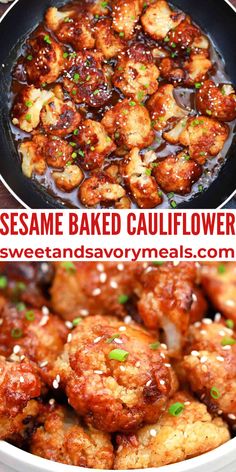 sesame baked cauliflower in a skillet with the words sesame baked cauliflower