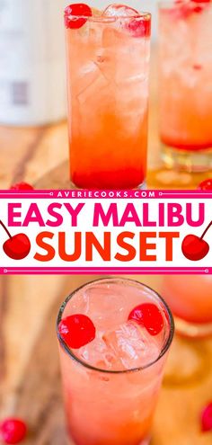 Give this easy cocktail recipe a try! You can't go wrong with this fun, fruity summer drink. With a combo of pineapple and coconut rum, this Malibu Sunset tastes like a tropical vacation! Pin this for later! Rum Drink Recipes, Sweet Alcoholic Drinks, Rum Mixed Drinks, Coconut Rum Drinks, Fruity Mixed Drinks, Malibu Drinks