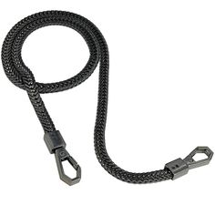 a black leash with metal clasps on a white background