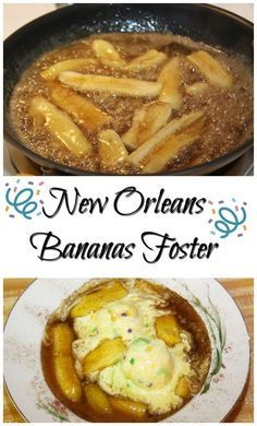 bananas and other foods are being cooked in a skillet on the stove with text overlay that reads new orleans banana fosterer