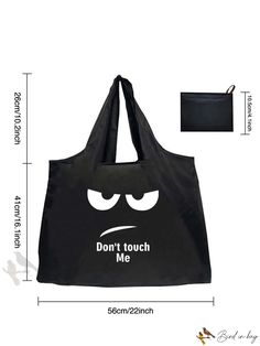 Bird in Bag - Foldable Tote Handbag Shopping Bag Storage Bag with White Pattern for Travel, Beach, and Picnic Packable Rectangular Black Bag, Black Rectangular Packable Bag, Foldable Summer Bags For Daily Use, Foldable Bags For Daily Use In Summer, Black Packable Bags For Shopping, Black Reusable Shopping Bag, Black Casual Reusable Bag, Casual Black Reusable Bag, Reusable Black Shoulder Bag For Shopping