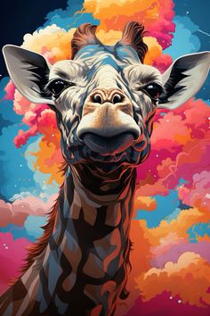 a painting of a giraffe's face with clouds in the sky behind it