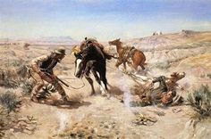 a painting of men on horses in the desert