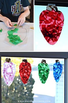 A collage of photos showing giant colorful Christmas light suncatchers hanging in a window as well as a closeup of a child's hand making one Suncatchers Craft, Christmas Suncatchers, Arts N Crafts, Easy Christmas Craft, 3 Dinosaurs, December Crafts, Christmas Crafts For Toddlers