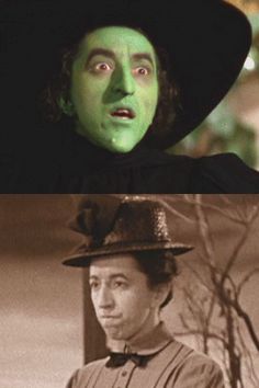 two pictures of people with green makeup and one has a hat that says,'the wizard