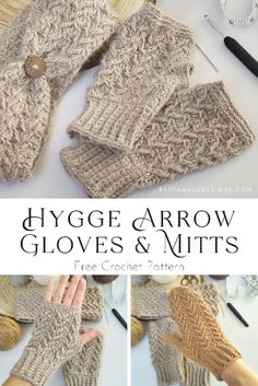 a collage of photos showing how to knit gloves and mitts with text overlay that reads, dygge arrow gloves & mitts free croche pattern