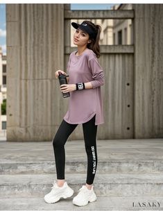 Lasaky - Loose-Fit Long Sleeve Yoga Attire: Quick-Dry Running Sportswear for Fitness Enthusiasts Yoga Attire, Yoga Shirt, Workout Attire, Pants Loose, Yoga Activewear, Running Pants, Yoga Shirts, Purple Top, Yoga Tops