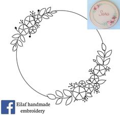 the embroidery pattern for a wreath with flowers and leaves is shown in front of a circular frame