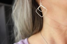 Sterling silver Diamond Shaped Earrings  Finished with handmade budded ear wires also made of sterling silver. Earrings measure: 1.75" Hoops Silver, Diamond Shape Earrings, Geometric Hoop Earrings, Dangle Hoop Earrings, Jewelry Sale, Earrings Geometric, Geometric Diamond, Diamond Shaped, Silver Hoops