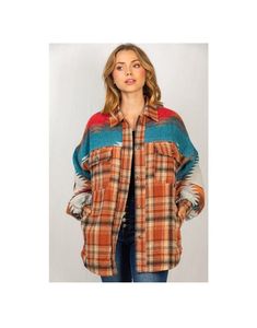 New Boho Western Aztec Tribal Plaid Shacket Flannel Shirt Jacket Yellowstone Vintage Inspired Outerwear - Color: Brown/Teal/Rust - Collared - Button front closure - Distressed raw hems - 2 Buttoned flap chest pockets - 2 Welt side pockets - Drop shoulder long sleeves - Polyester Size S 2/4: Bust 33-34 Waist 25-26 Hips 35-36 Size M 6/8: Bust 35-36 Waist 27-28 Hips 37-38 Size L 10/12: Bust 37-38 Waist 29-30 Hips 39-40 Size XL 12/14: Bust 39-40 Waist 31-32 Hips 41-42 Size chart is for body measurem Western Cardigan, Western Aztec, Brown Teal, Plaid Shacket, Vintage Denim Jeans, Denim Jean Jacket, Long Shirt, Vintage Boho, Flannel Shirt