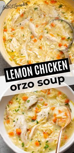 two bowls of lemon chicken orzo soup with the title overlay reads, lemon chicken orzo soup