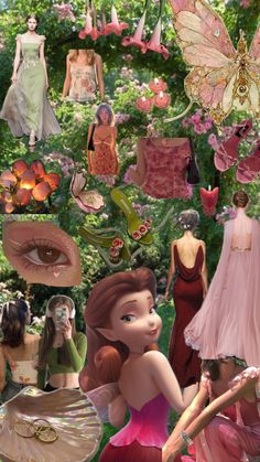 a collage of princesses, dresses and other things in the air above them