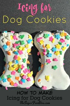 dog cookies with white frosting and sprinkles in the shape of boots