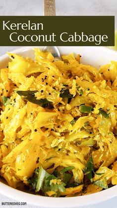 a white bowl filled with cooked coconut cabbage