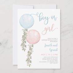 a baby shower card with balloons and greenery on the front, in pastel colors