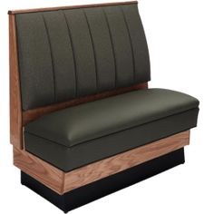 a wooden bench with grey seat cushion and black leather back rest area on an isolated white background