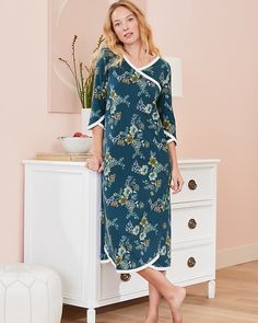 An update to our Asian Wrap sleepwear collection, we have added 3/4-length sleeves and a midi length to our Asian Wrap Nightgown for a tad more coverage. In soft jersey-knit organic Green Cotton and featuring Garnet Hill's exclusive distinctive prints and a trio of surplice detailing. Relaxed fit. A-line silhouette. Surplice neckline. 3/4 sleeves. Surplice hem. Midi length. 100% organic Green Cotton. Women's organic cotton midi length asian wrap nightgown by Garnet Hill. Summer Sleepwear With 3/4 Sleeves, Spring Sleepwear With 3/4 Sleeves, Midi Gown, Midi Gowns, Traditional Kimono, Garnet Hill, Green Cotton, Kimonos, Night Gown