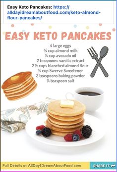 This keto pancake recipe will make you fall in love with breakfast again. Light and fluffy, with a perfect golden brown exterior. Only 3.5g net carbs! Low Carb Pancakes Easy, Easy Keto Crockpot Meals, Juniper Recipes, Keto Pancakes Almond Flour, Keto Desserts Easy 3 Ingredients, Pancakes 3 Ingredients, Pancakes Almond Flour, Keto Crockpot Meals, Keto Desserts Easy