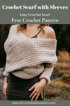 a woman wearing a crochet sweater with text overlay that reads, free crochet pattern