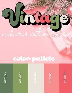 the vintage christmas font and color palette is displayed on a pink background with presents underneath it