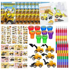 construction themed party supplies including crayon pens, markers and stickers for kids