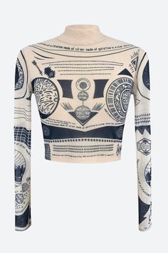 This unique mystique mesh crop top, with its transparent design and eclectic tattoo-inspired prints, is a showstopper. The cropped cut and long sleeves make it an ideal choice for parties, festivals, or a cool streetwear look. Transparent design Print details: planets, pyramid, circles, lines, texts Mesh material Cropp