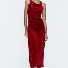 Zara Velvet Midi Dress Dark Red. Measurements Provided Here Are Those Of Size Xl Holiday Red Sleeveless Midi Dress, Elegant Red Zara Midi Dress, Zara Red Cocktail Maxi Dress, Zara Red Midi Dress, Zara Pleated Dress, Zara Midi Dress, Long Tunic Dress, Black Collared Dress, Brown Midi Dress