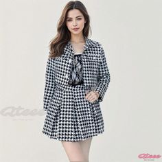 Qteee - Elevate Your Style with a Chic Ensemble: Checked Cropped Jacket and Pleated Midi Skirt Set Plaid Long Sleeve Blazer For Spring, Plaid Blazer For Spring, Spring Long Sleeve Houndstooth Blazer, Spring Houndstooth Blazer With Long Sleeves, Spring Houndstooth Long Sleeve Blazer, Spring Houndstooth Pattern Long Sleeve Blazer, Checkered Blazer, Midi Skirt Set, Houndstooth Coat