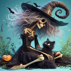 a skeleton sitting on the ground next to a cat wearing a witches hat and holding a broom