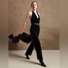 Black Jumpsuit With Halter Neck And Straight Leg. Tie Belt Around Waist. Stretchy Waist With Zipper Down Back. Button Closure At The Neck. Soft And Comfortable Velvet. Interior Is Lined. New With Tags! Velvet Pantsuit, Black Velvet Jumpsuit, Tuxedo Jumpsuit, Must Have Outfits, Halter Neck Jumpsuit, Polka Dot Jumpsuit, Ideal Closet, Wide Leg Romper, Velvet Jumpsuit