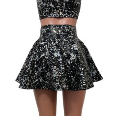 Holo Splatter Skater Skirt Holographic Circle Mini Skirt– Peridot Clothing Spring Rave Party Skirt, Rave Skirt For Spring Party, Spring Party Rave Skirt, Spring Rave Skirt For Party, Rave Style Skirt For Spring Party, Shiny Fitted Skirt For Party Season, Fitted Shiny Skirt For Party Season, Disco Style Metallic Skirt With Sequins, Disco Style Metallic Sequin Skirt