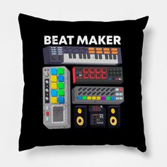 a black pillow with an image of a beat maker on it's front and back sides