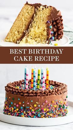 two pictures of a cake with candles and the words best birthday cake recipe on it