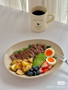 a white plate topped with meat and fruit next to a cup of coffee on a table